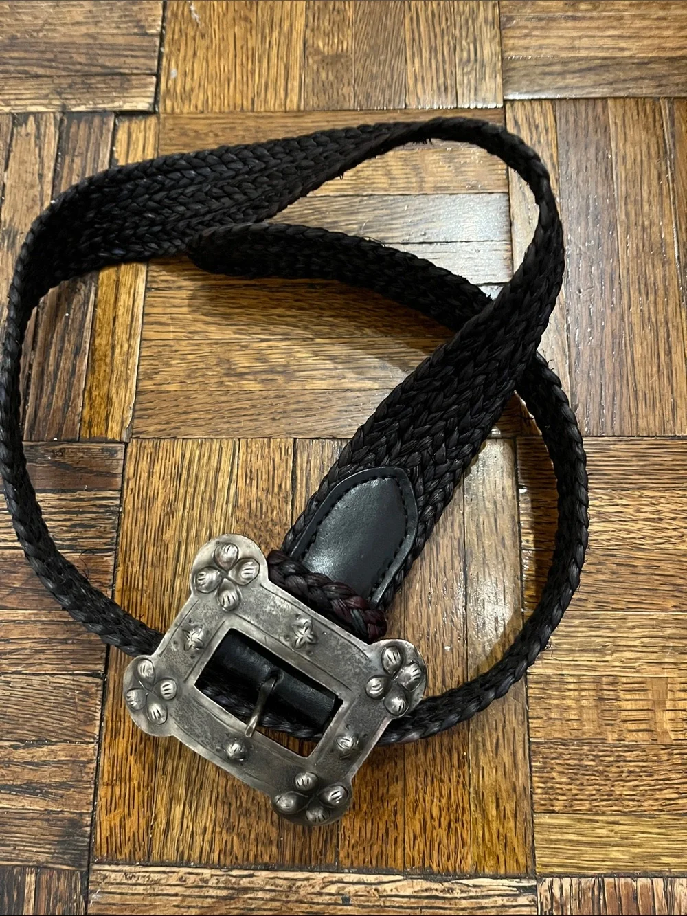 Ralph Lauren Dark Brown Braided Leather Belt with Decorative Silver Buckle 34”